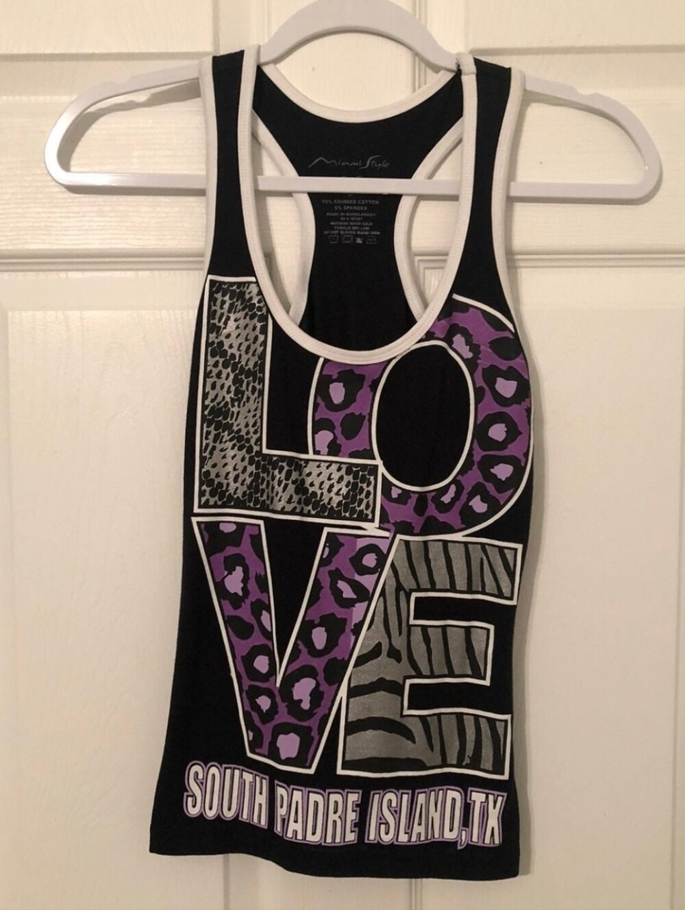 South Padre Island Black Tank Top with Purple Leopard LOVE Graphic
